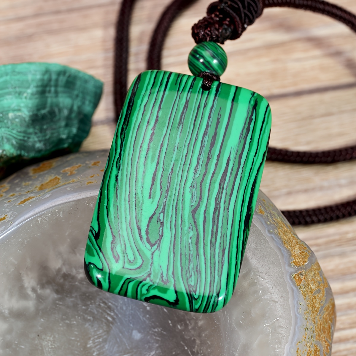 Malachite Square Pendant Long Necklace, Bohemian Style